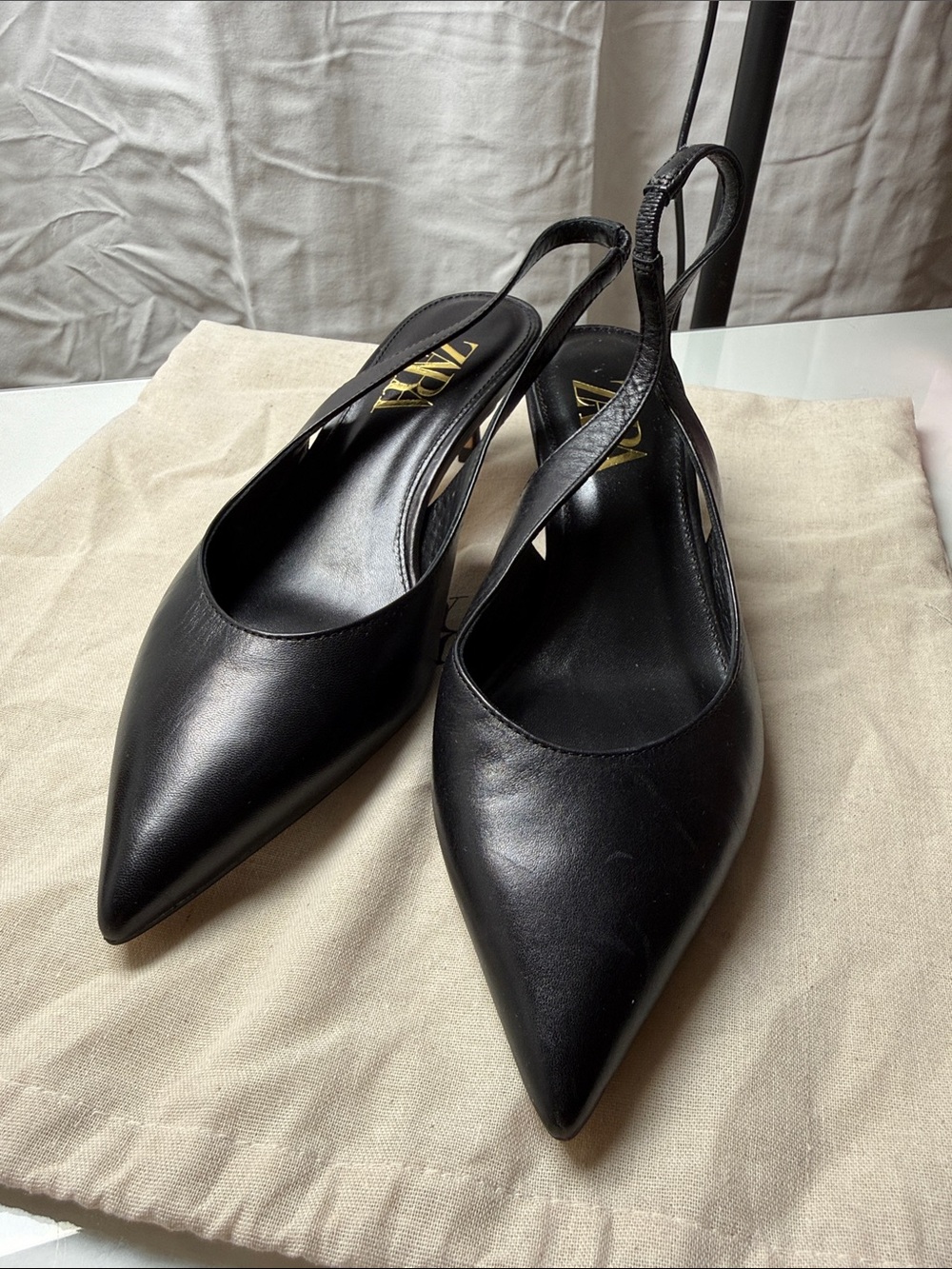 Zara Black Pointed Leather Slingback Sandals